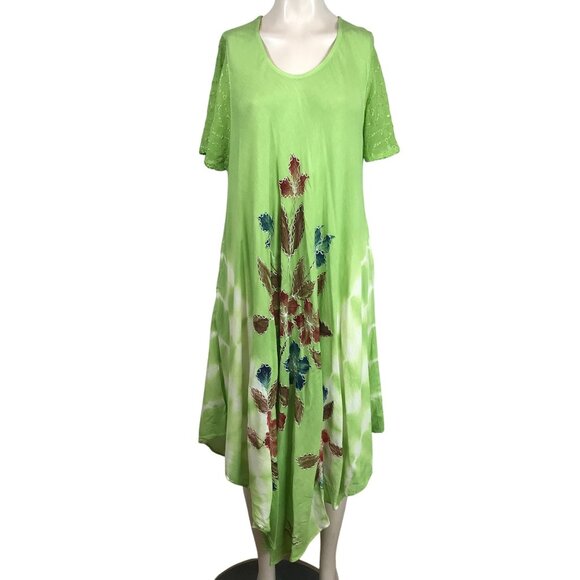 SAKKAS - WOMEN'S ONE SIZE GREEN FLORAL TIE DYE SHORT SLEEVE  RAYON DRESS - Picture 1 of 9
